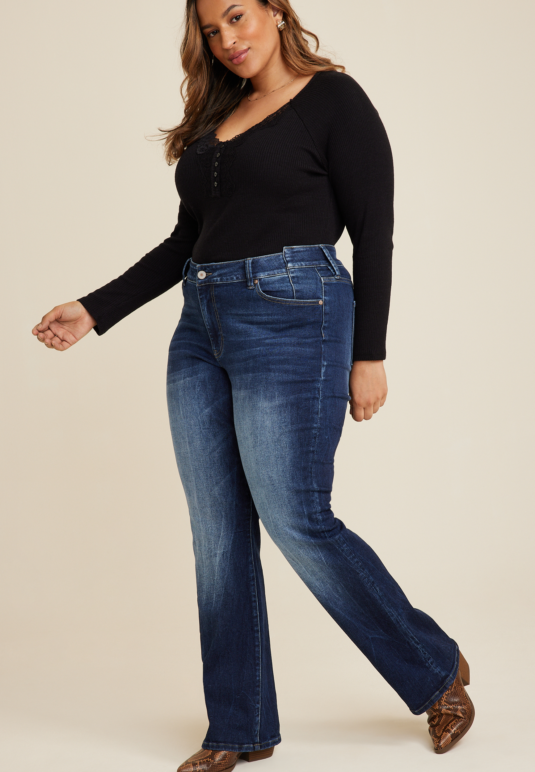 Plus Size KanCan™ Dark High Rise Curvy Insert Waist Bootcut Jean | maurices