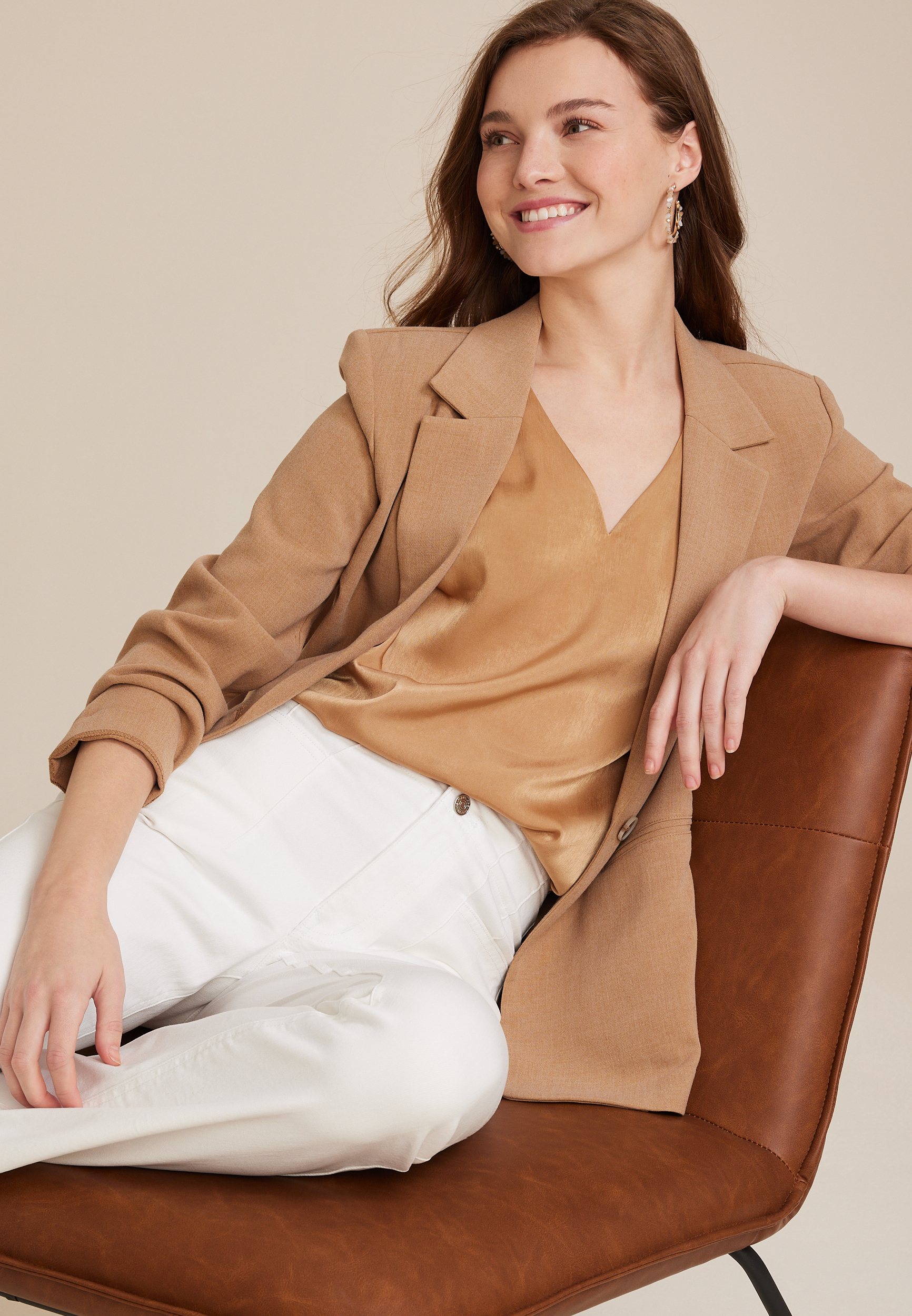 Juni Satin V Neck Blouse, BUTTERSCOTCH, large