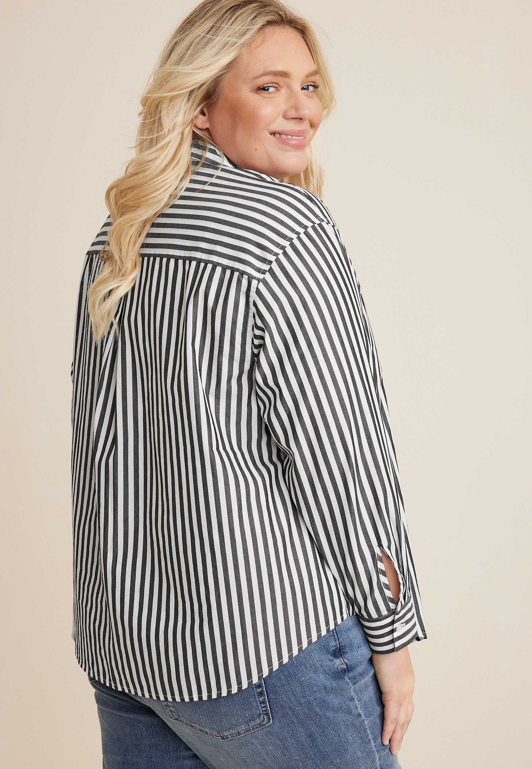 Plus Size 90s Prep Stripe Button Up Shirt, C1756, large