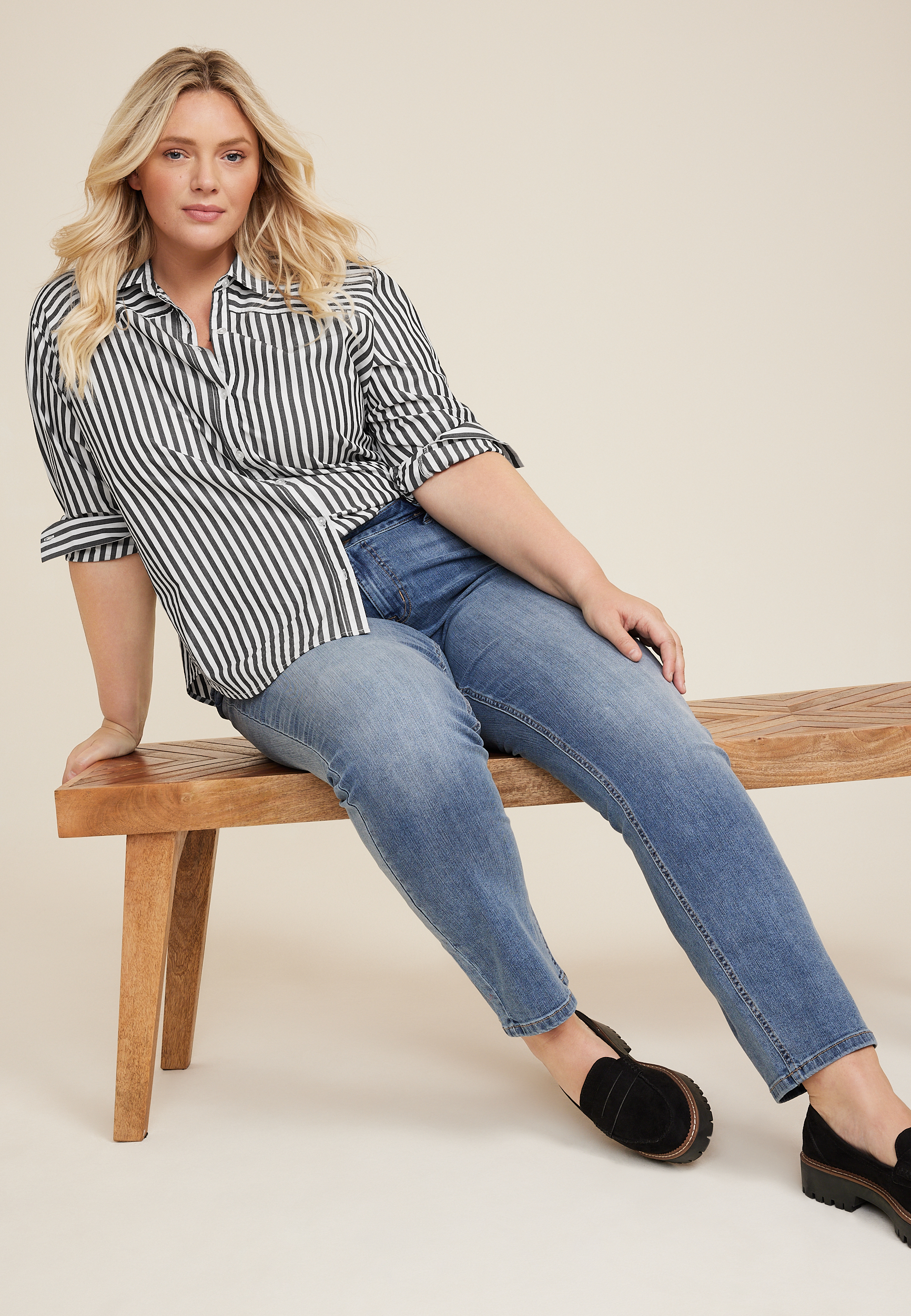 Plus Size 90s Prep Stripe Button Up Shirt, C1756, large