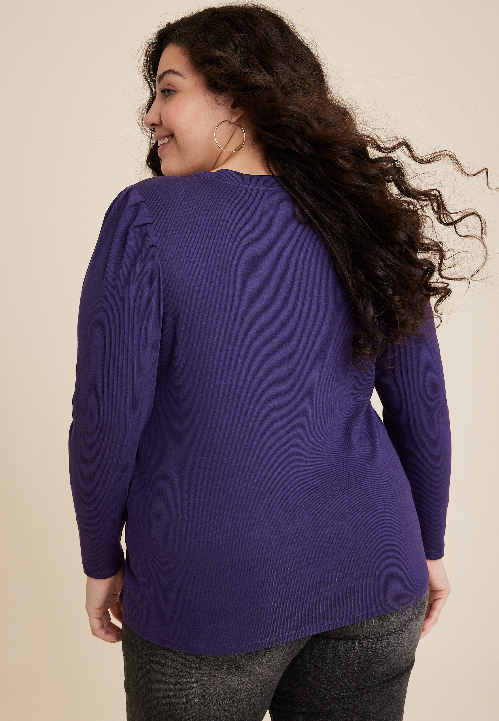 Plus Size Pleated Puff Long Sleeve Tee, C9377, large