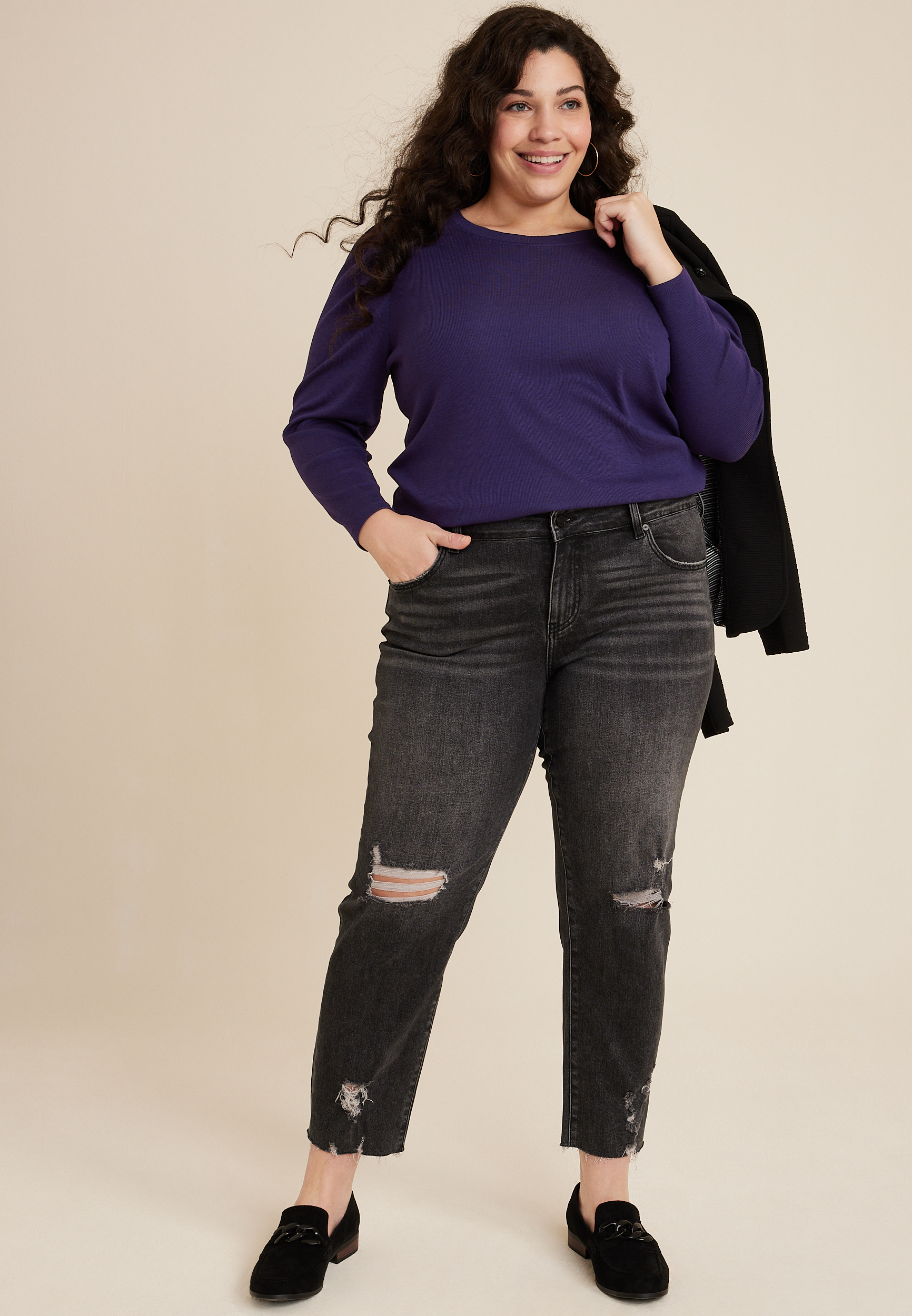 Plus Size Pleated Puff Long Sleeve Tee, C9377, large