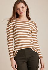 Striped Pleated Puff Long Sleeve Tee, BROWN COMBO, small