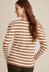 Striped Pleated Puff Long Sleeve Tee, BROWN COMBO, small