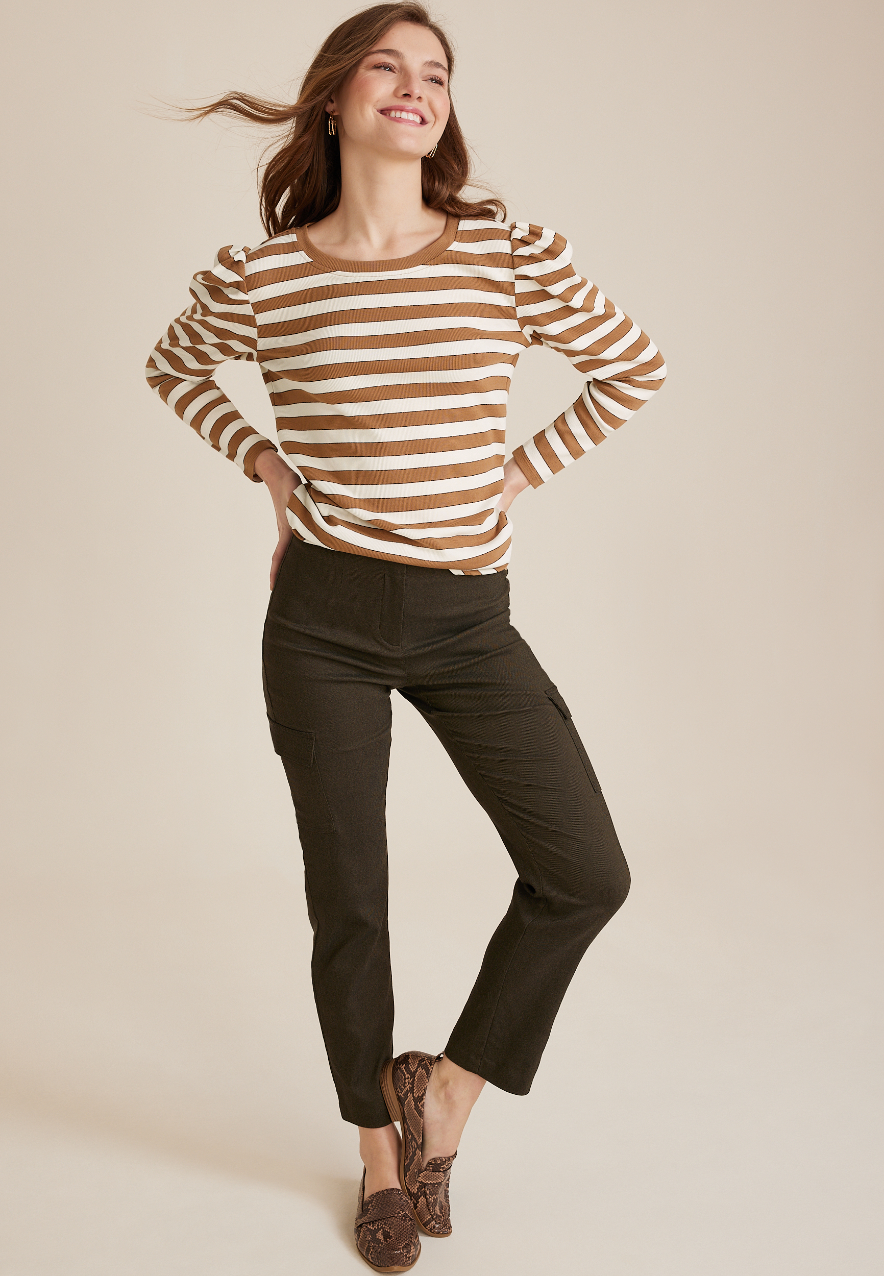 Striped Pleated Puff Long Sleeve Tee, BROWN COMBO, large