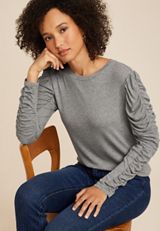 Pleated Puff Long Sleeve Tee, LIGHT HEATHER GRAY, small