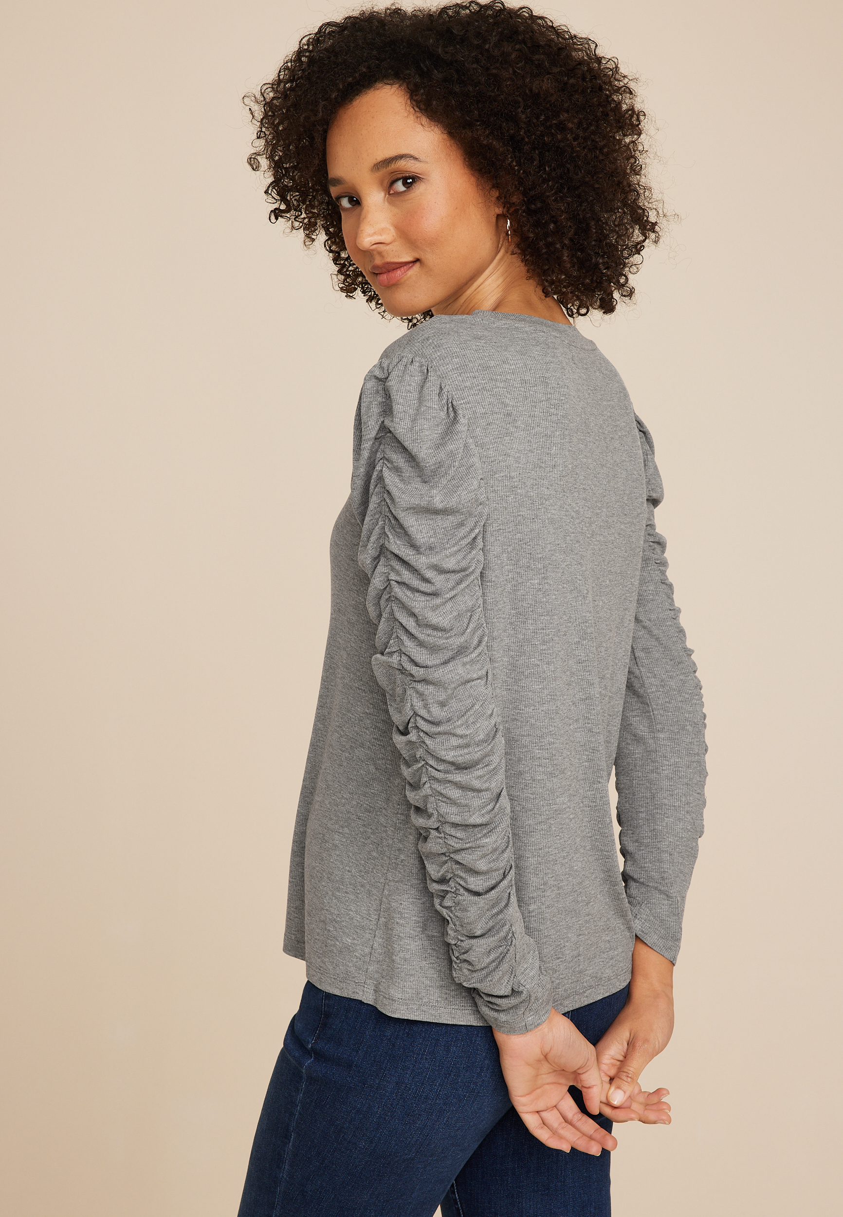 Pleated Puff Long Sleeve Tee, LIGHT HEATHER GRAY, large