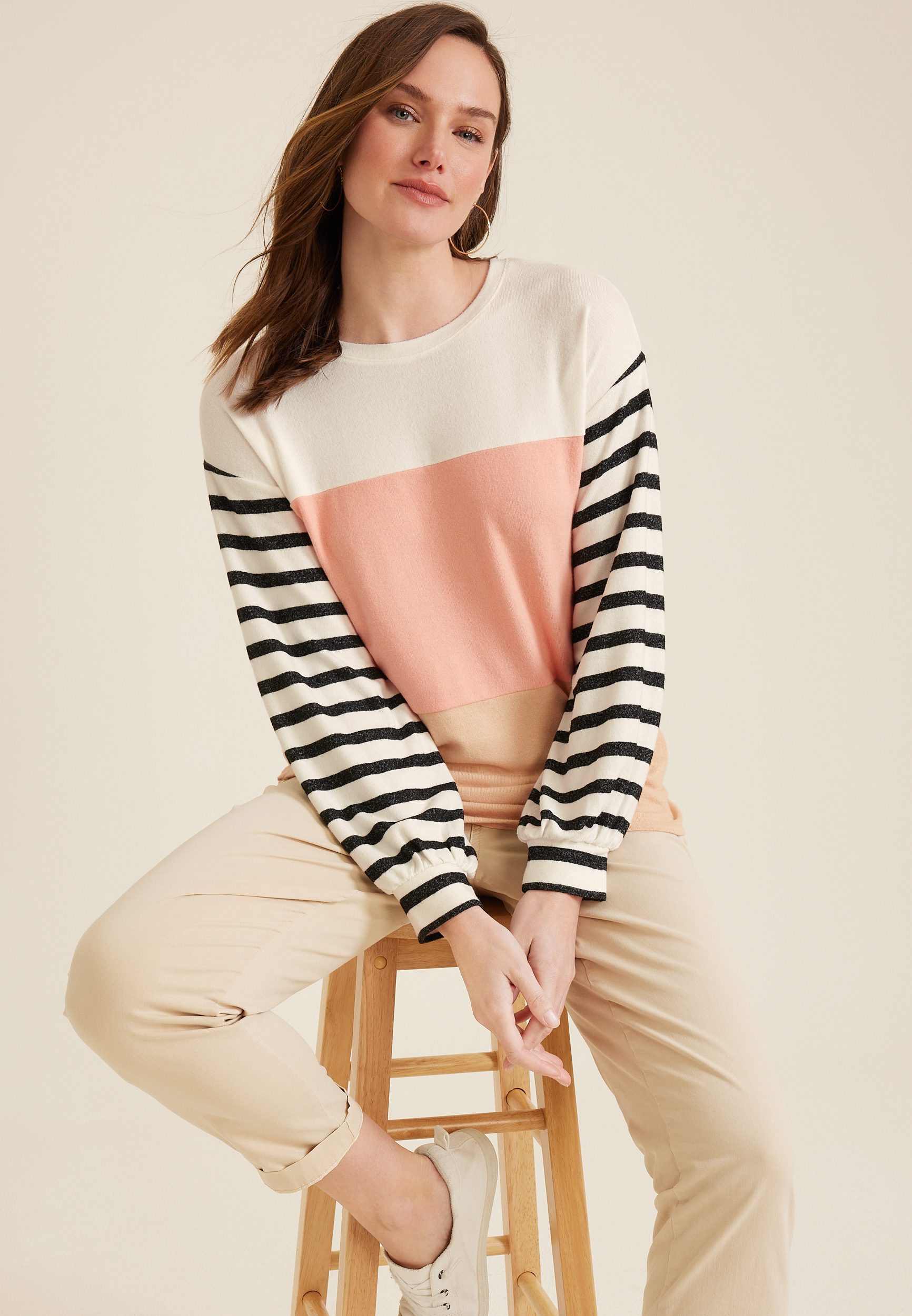 Multi Stripe Blouson Sleeve Mixer Tee, C1524, large
