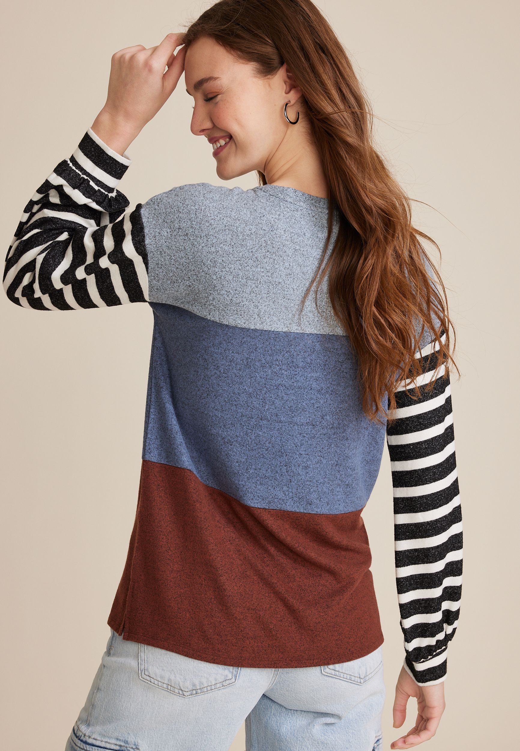 Multi Stripe Blouson Sleeve Mixer Tee, MULTI, large