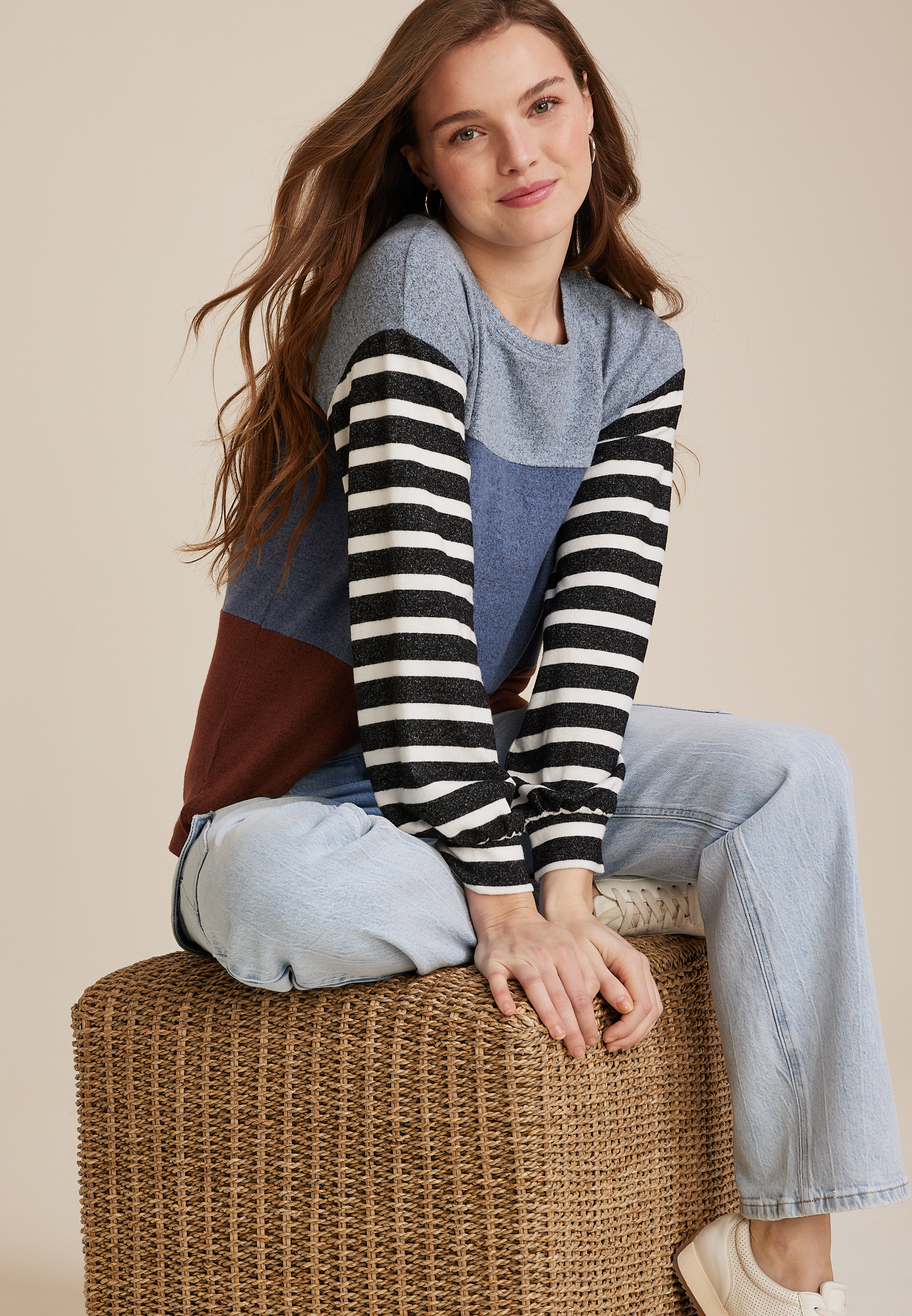 Multi Stripe Blouson Sleeve Mixer Tee, MULTI, large