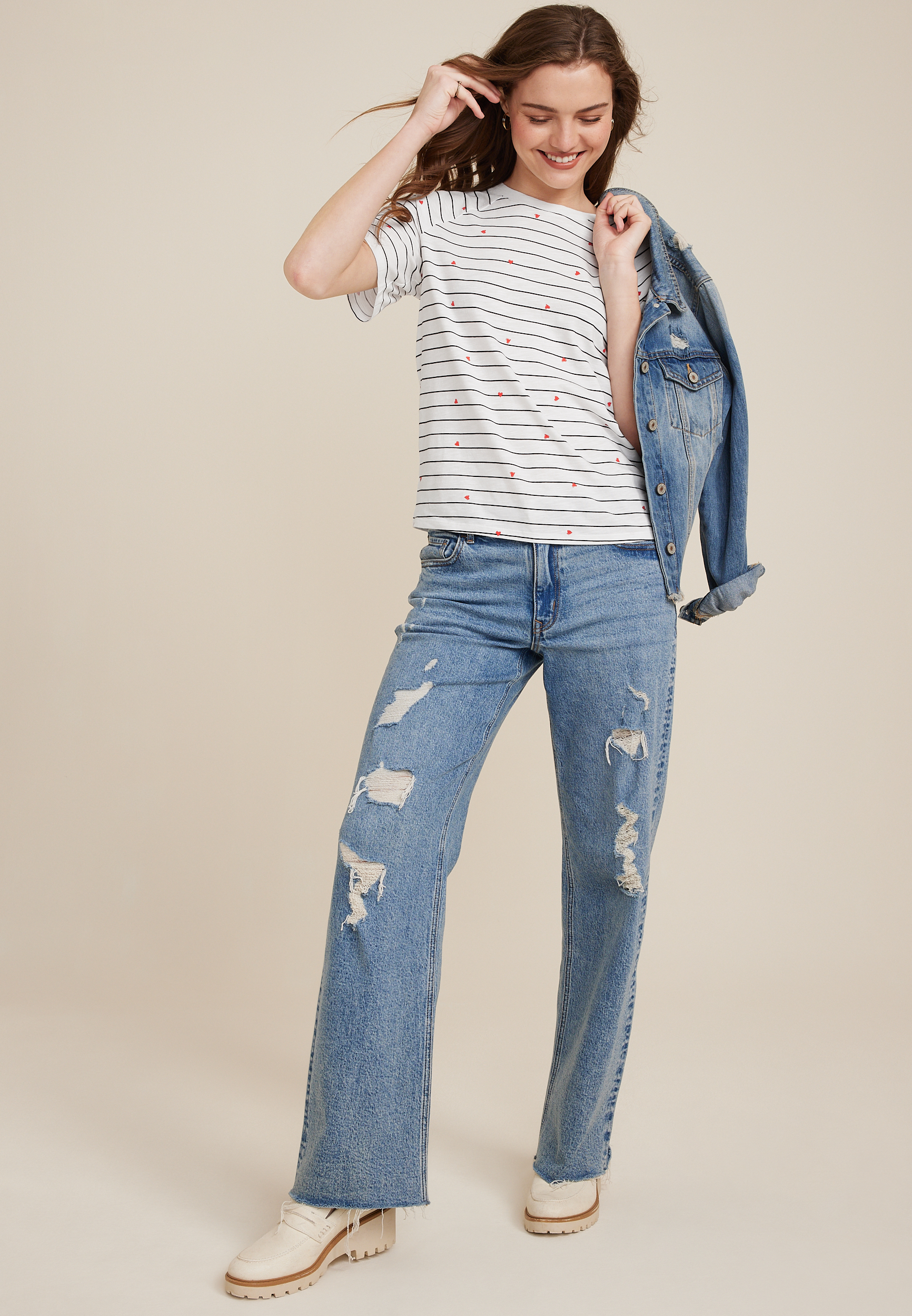 24/7 Eden Striped Heart Tee, SOFT WHITE COMBO, large