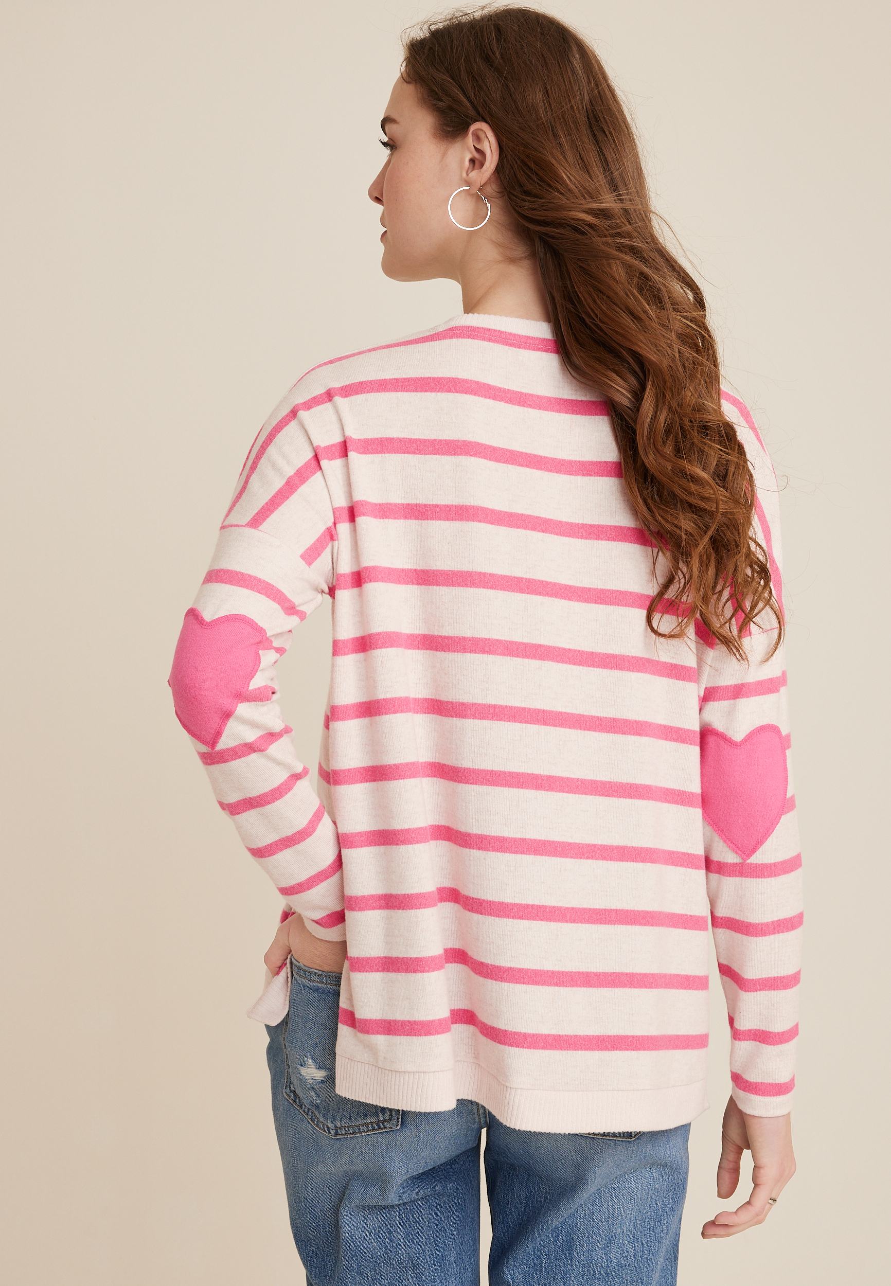 Striped Heart Elbow Patch Mixer Tee, C2616, large