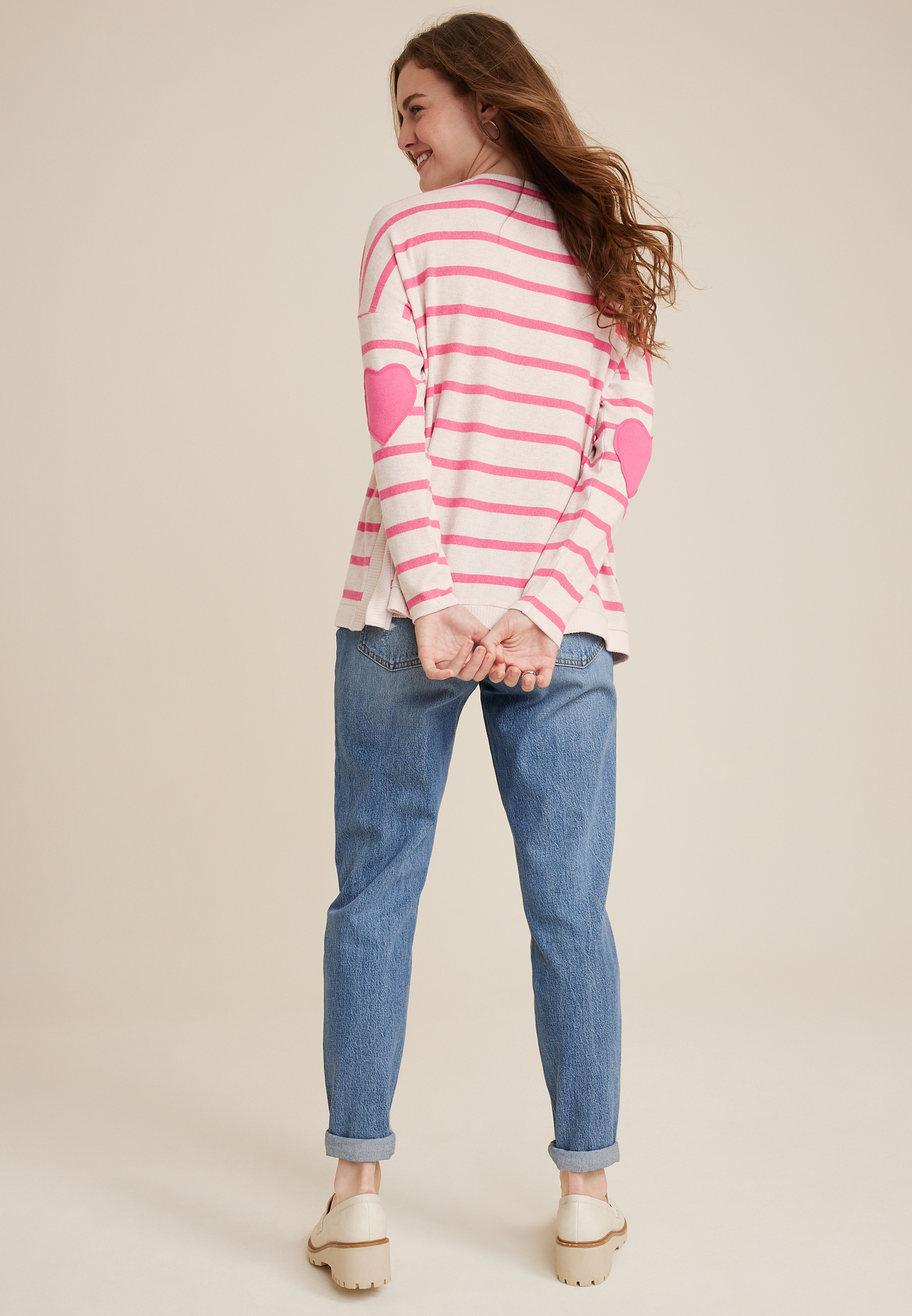 Striped Heart Elbow Patch Mixer Tee, C2616, large