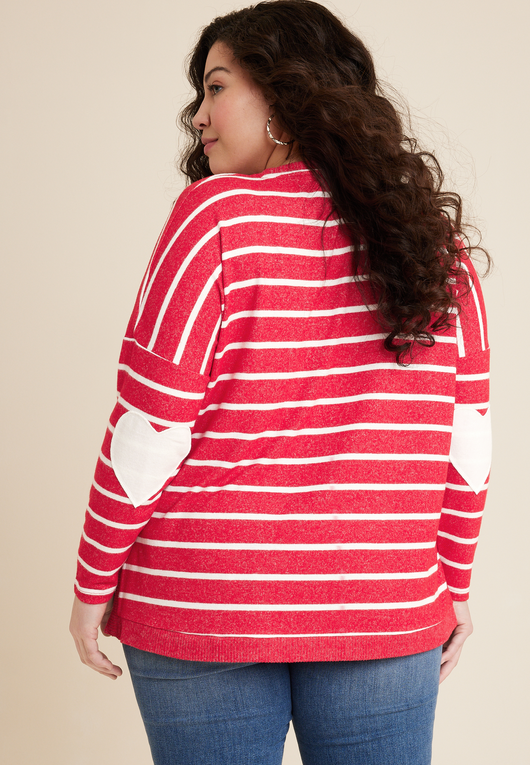 Plus Size Striped Heart Elbow Patch Mixer Tee, REBEL RED COMBO, large