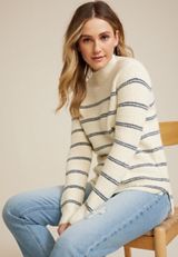 Micro Striped Mock Neck Sweater, ECRU COMBO, small