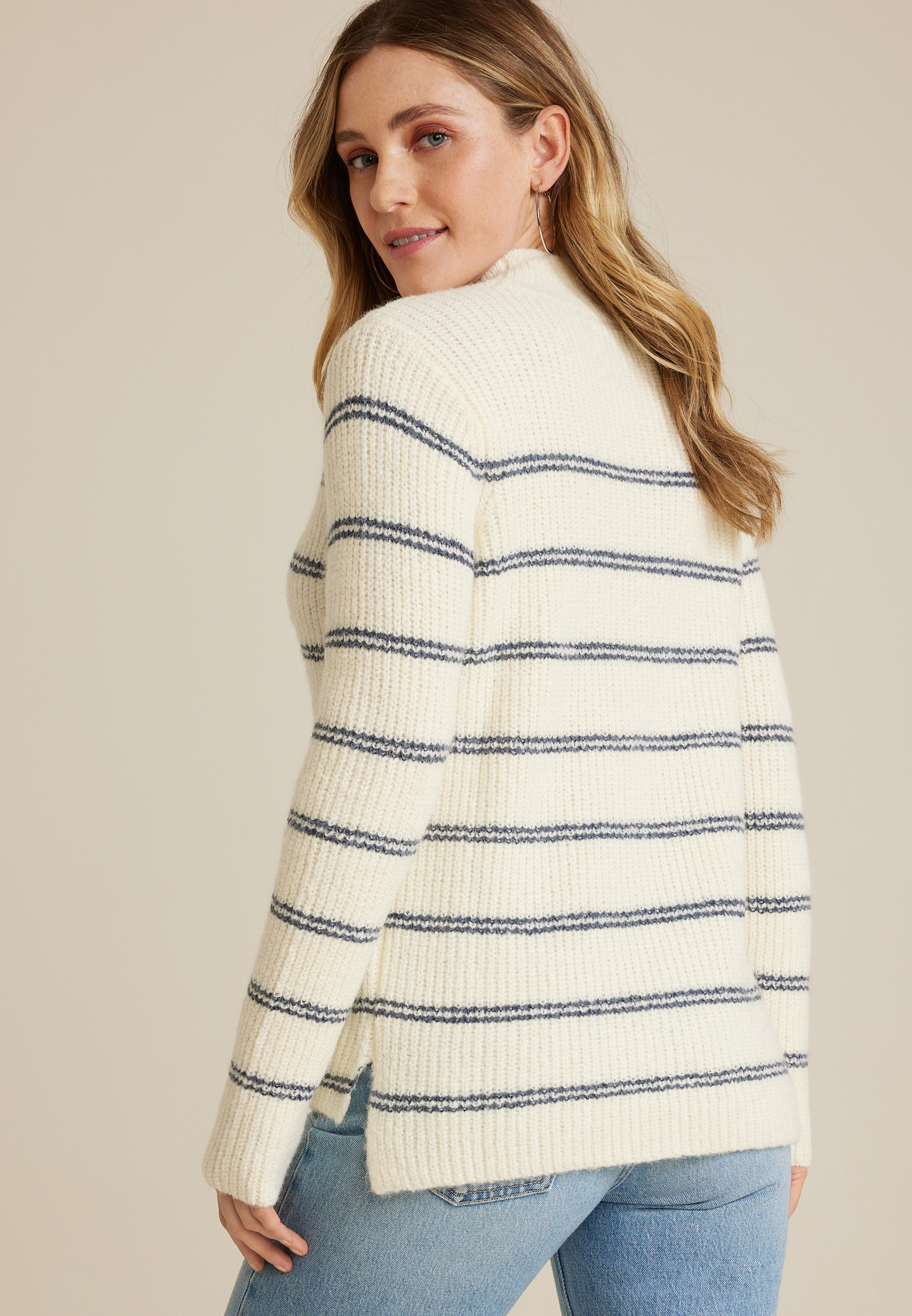 Micro Striped Mock Neck Sweater, ECRU COMBO, large