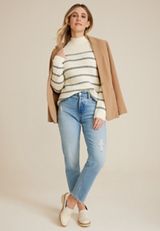 Micro Striped Mock Neck Sweater, ECRU COMBO, small