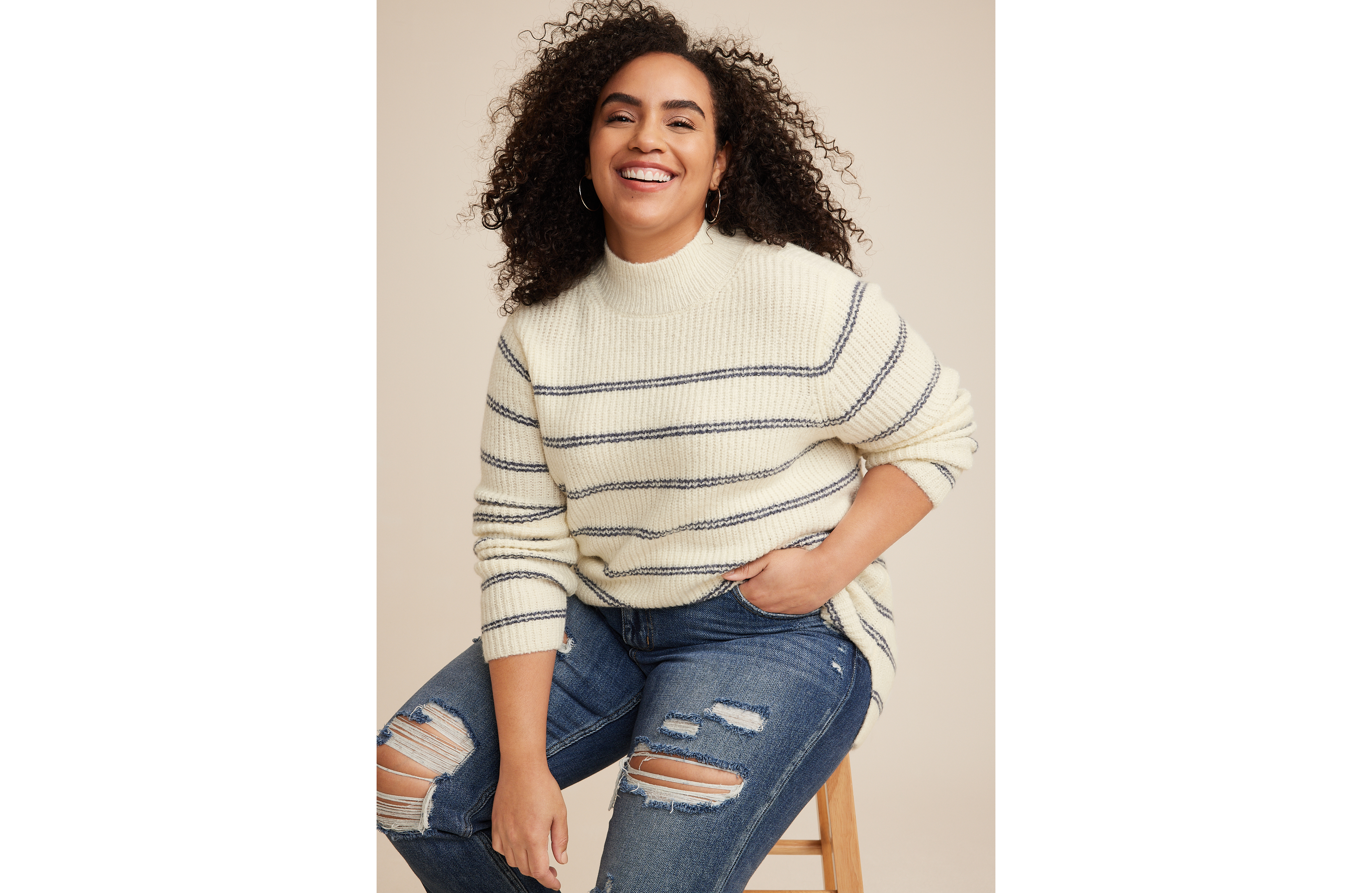 Plus Micro Striped Mock Neck Sweater