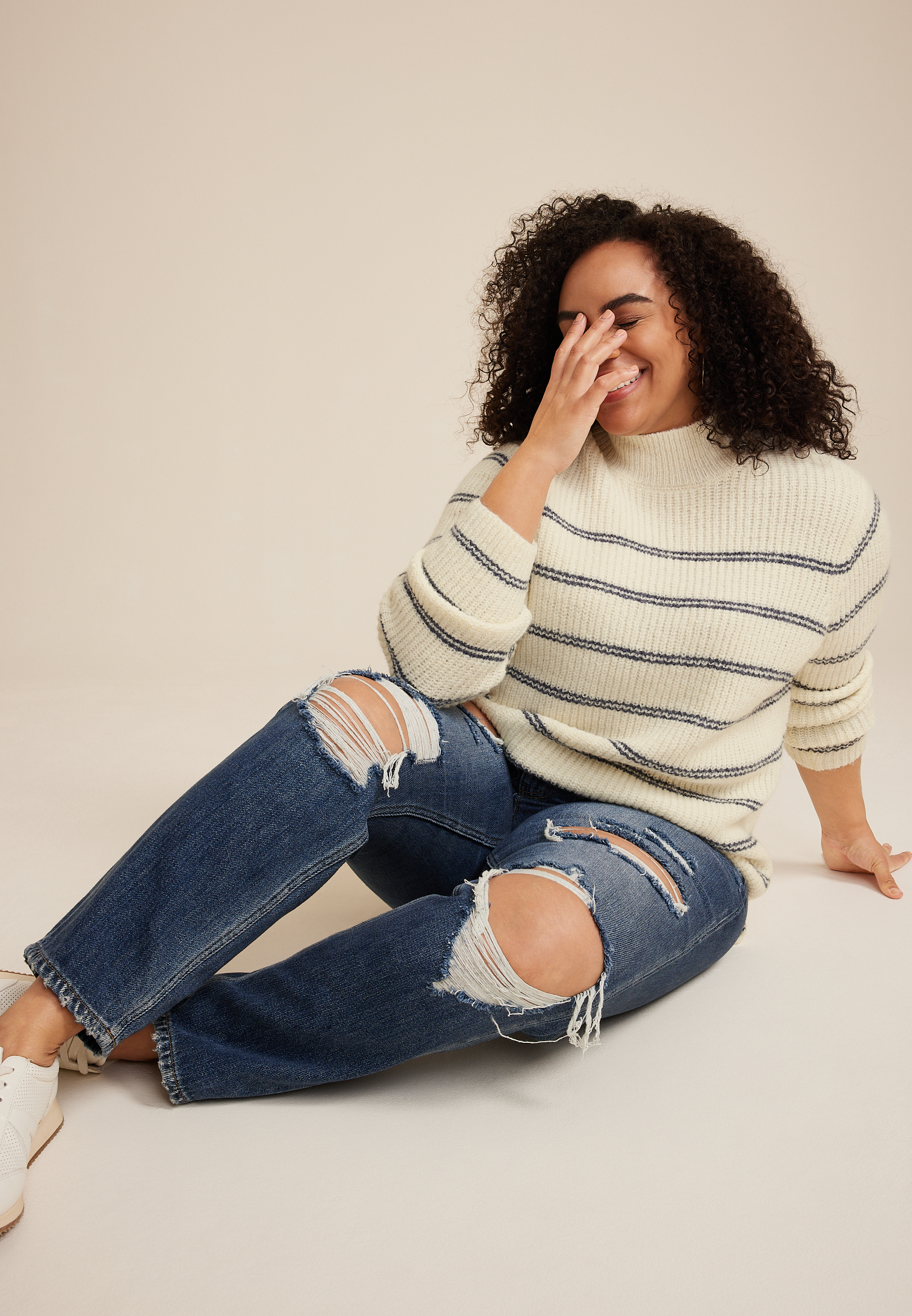 Plus Size Micro Striped Mock Neck Sweater, C3986, large