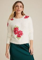 Floral Eyelash Crew Neck Sweater, ECRU COMBO, small