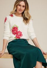Floral Eyelash Crew Neck Sweater, ECRU COMBO, small