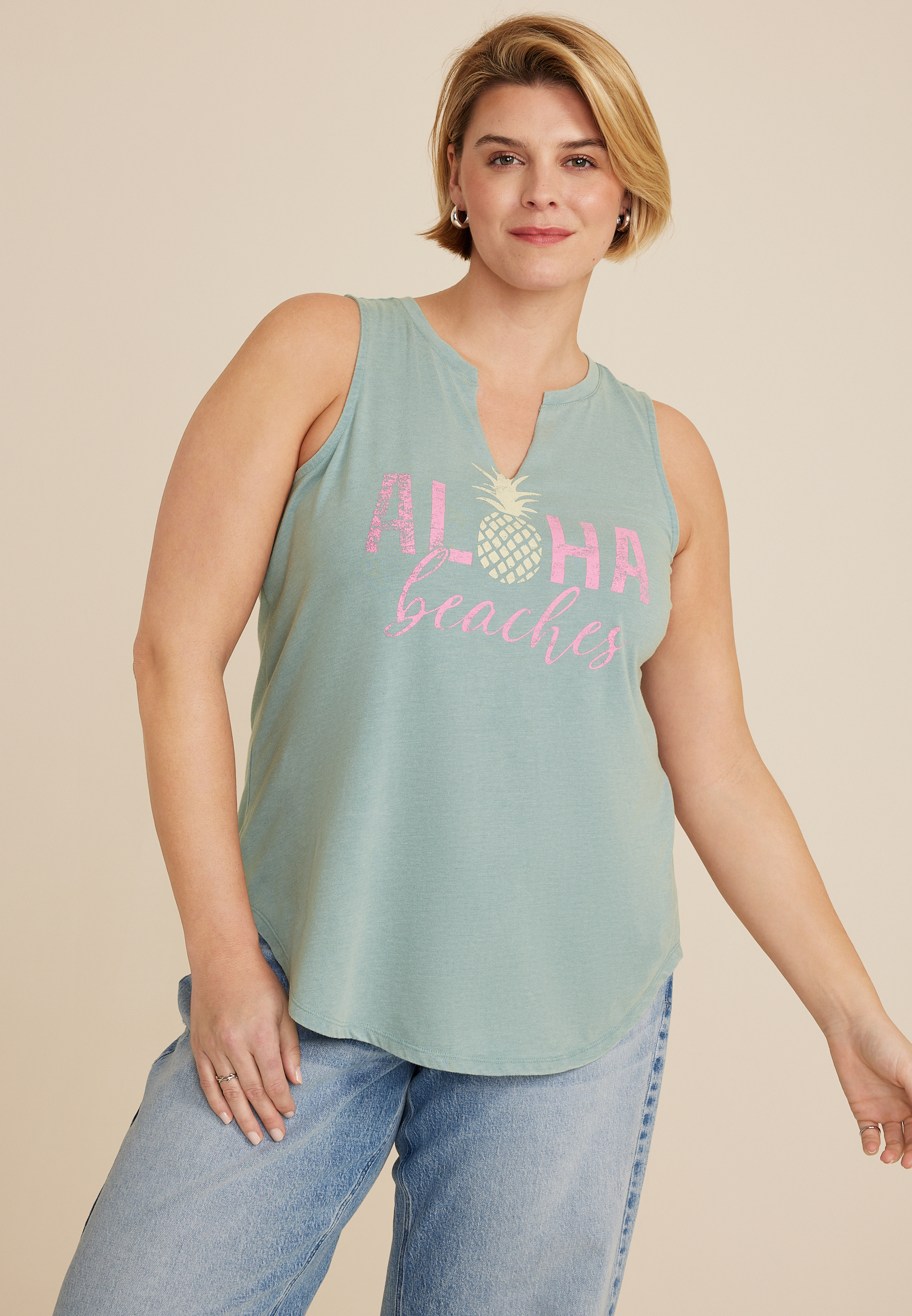 Plus Size Aloha Beaches Graphic Tank, C3566, large