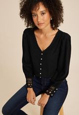 Pearl Button Lace Trim Blouse, BLACK, small
