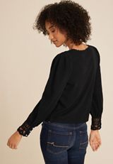 Pearl Button Lace Trim Blouse, BLACK, small