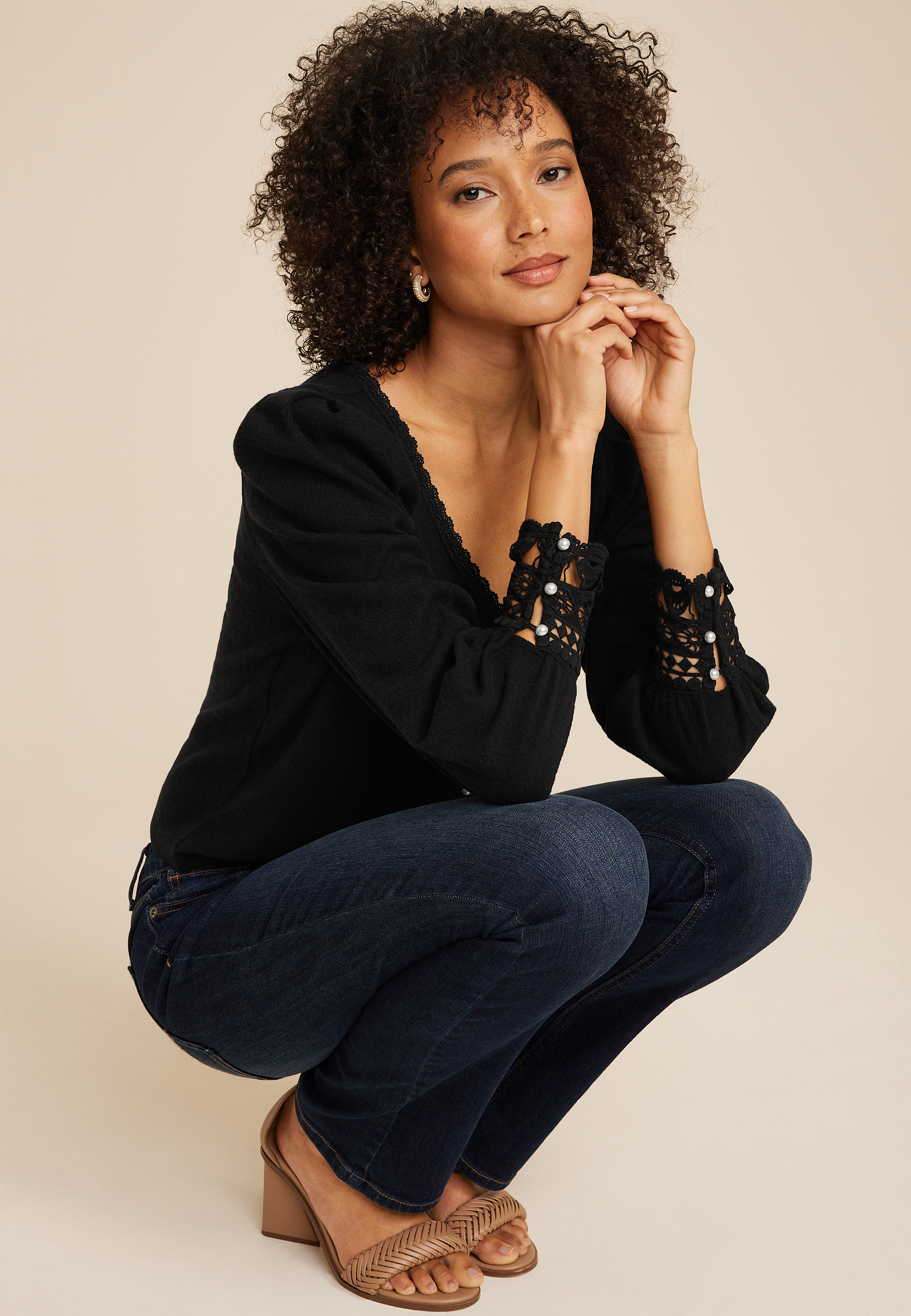 Pearl Button Lace Trim Blouse, BLACK, large