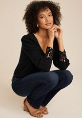 Pearl Button Lace Trim Blouse, BLACK, small
