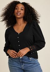 Plus Size Pearl Button Lace Trim Blouse, BLACK, small