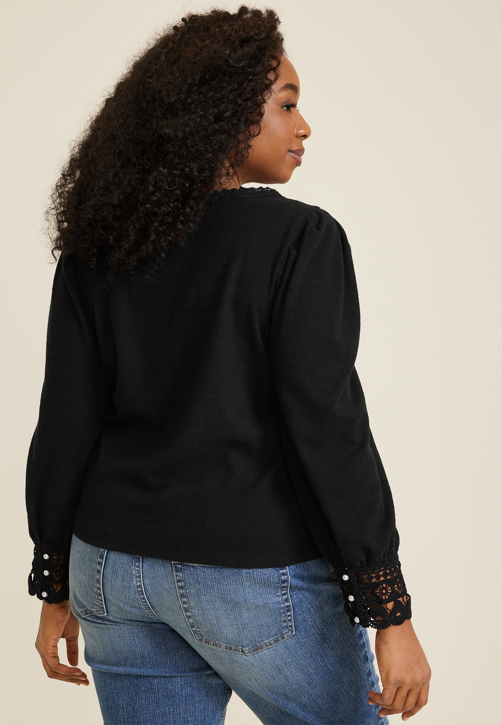 Plus Size Pearl Button Lace Trim Blouse, BLACK, large