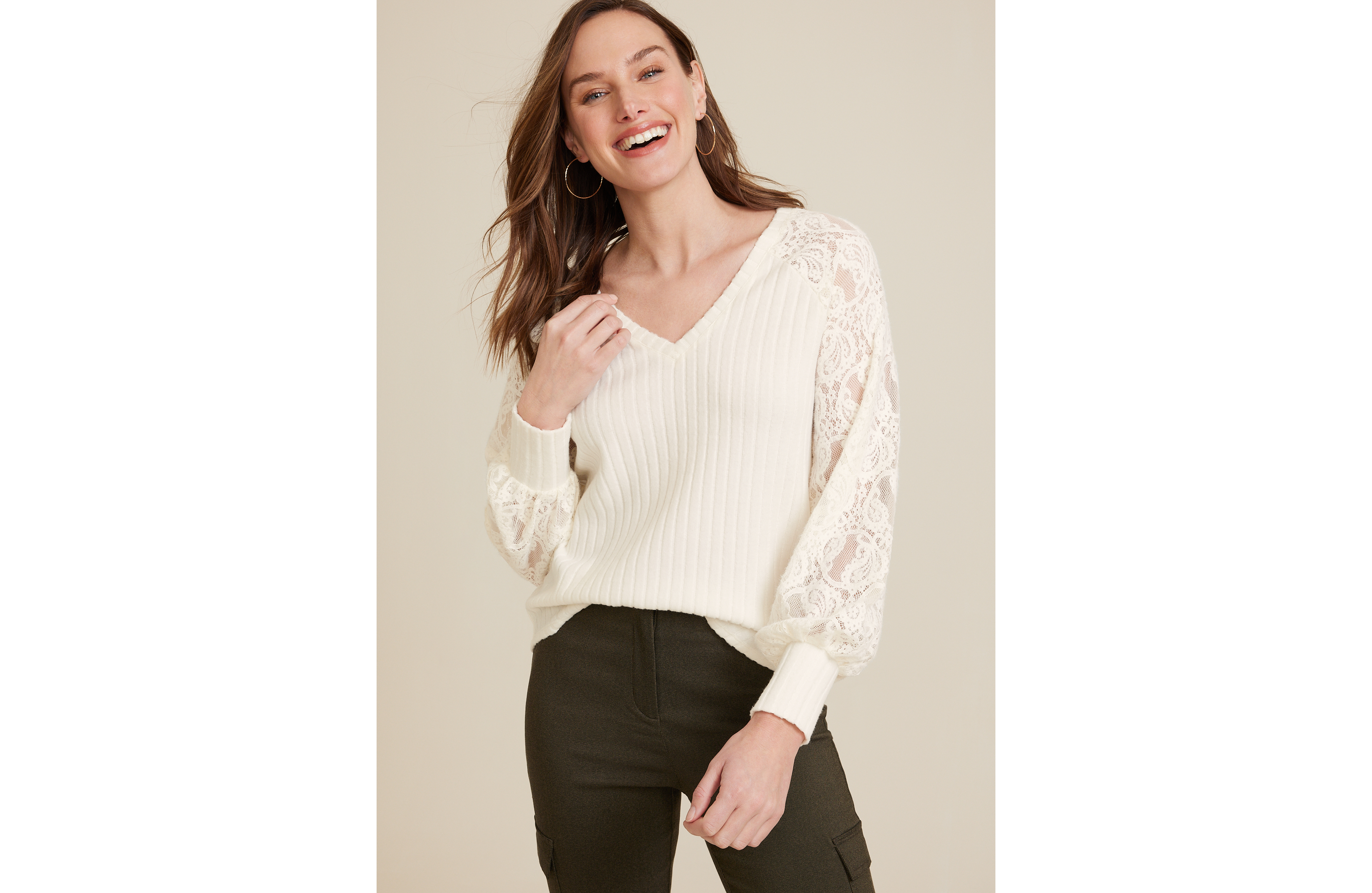 Lace Sleeve Open Back Ribbed Top