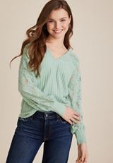Lace Sleeve Open Back Ribbed Top, C9312, small