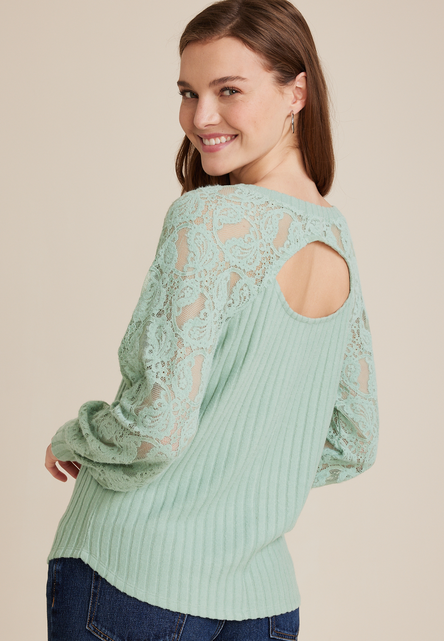 Lace Sleeve Open Back Ribbed Top, C9312, large