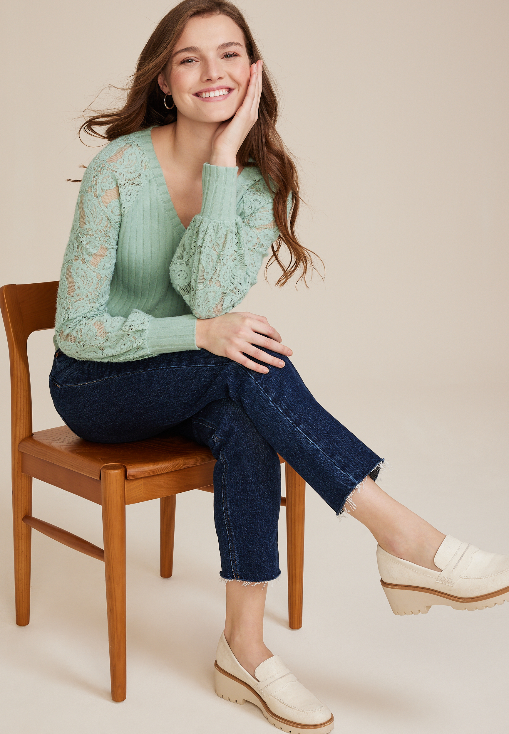 Lace Sleeve Open Back Ribbed Top, C9312, large