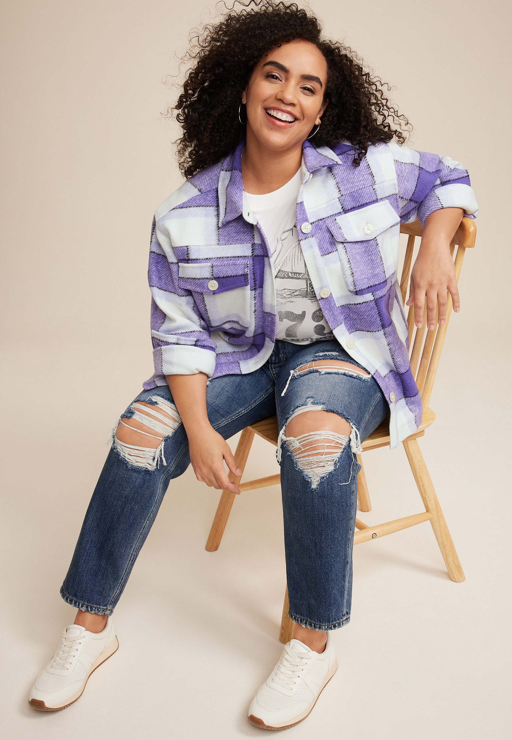 Plus Size Shoreline Purple Plaid Shortie Shacket​, C9384, large