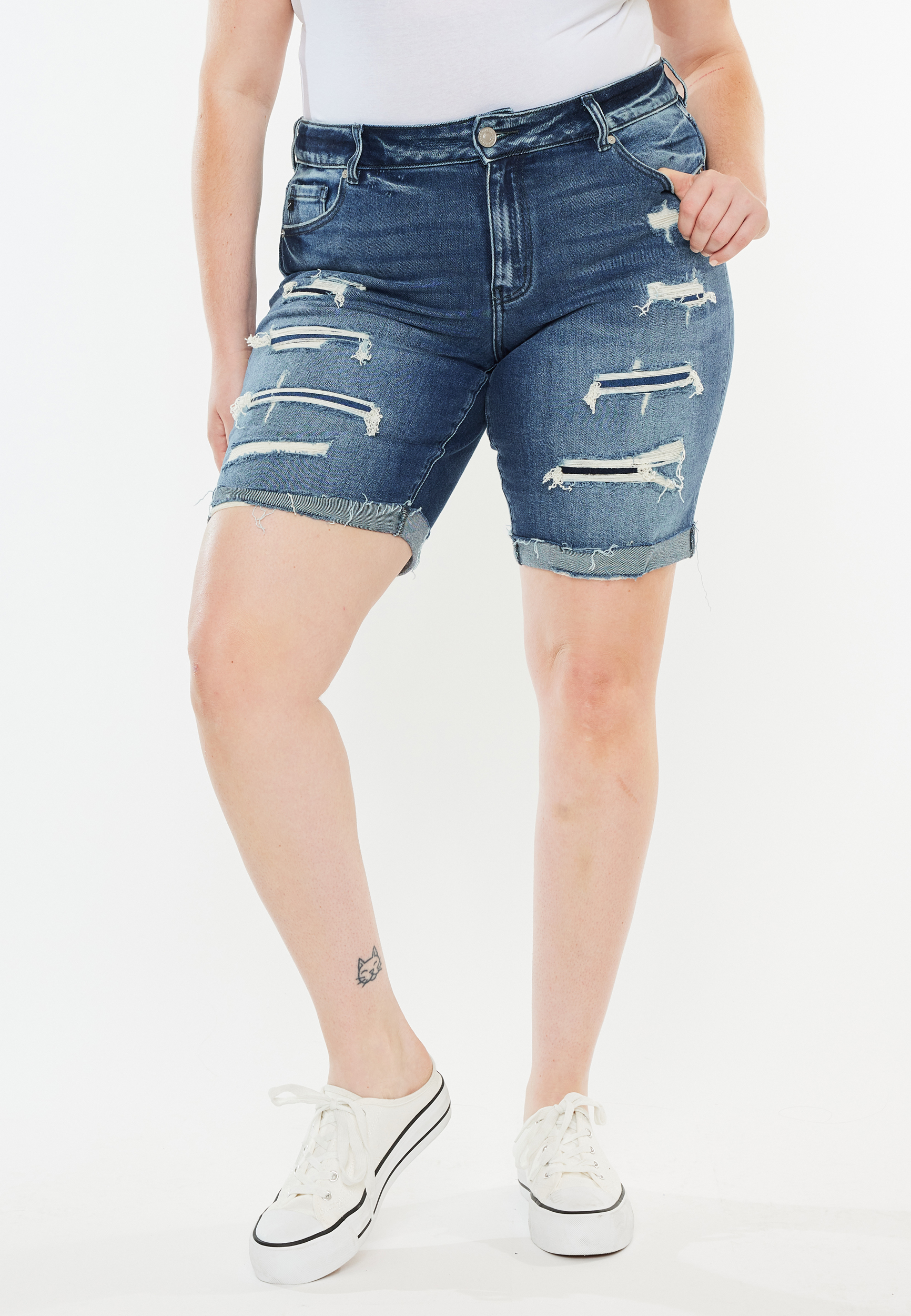 Plus Size KanCan&trade; High Rise Ripped Cuff Hem 10in Bermuda Short, DARK SANDBLAST, large