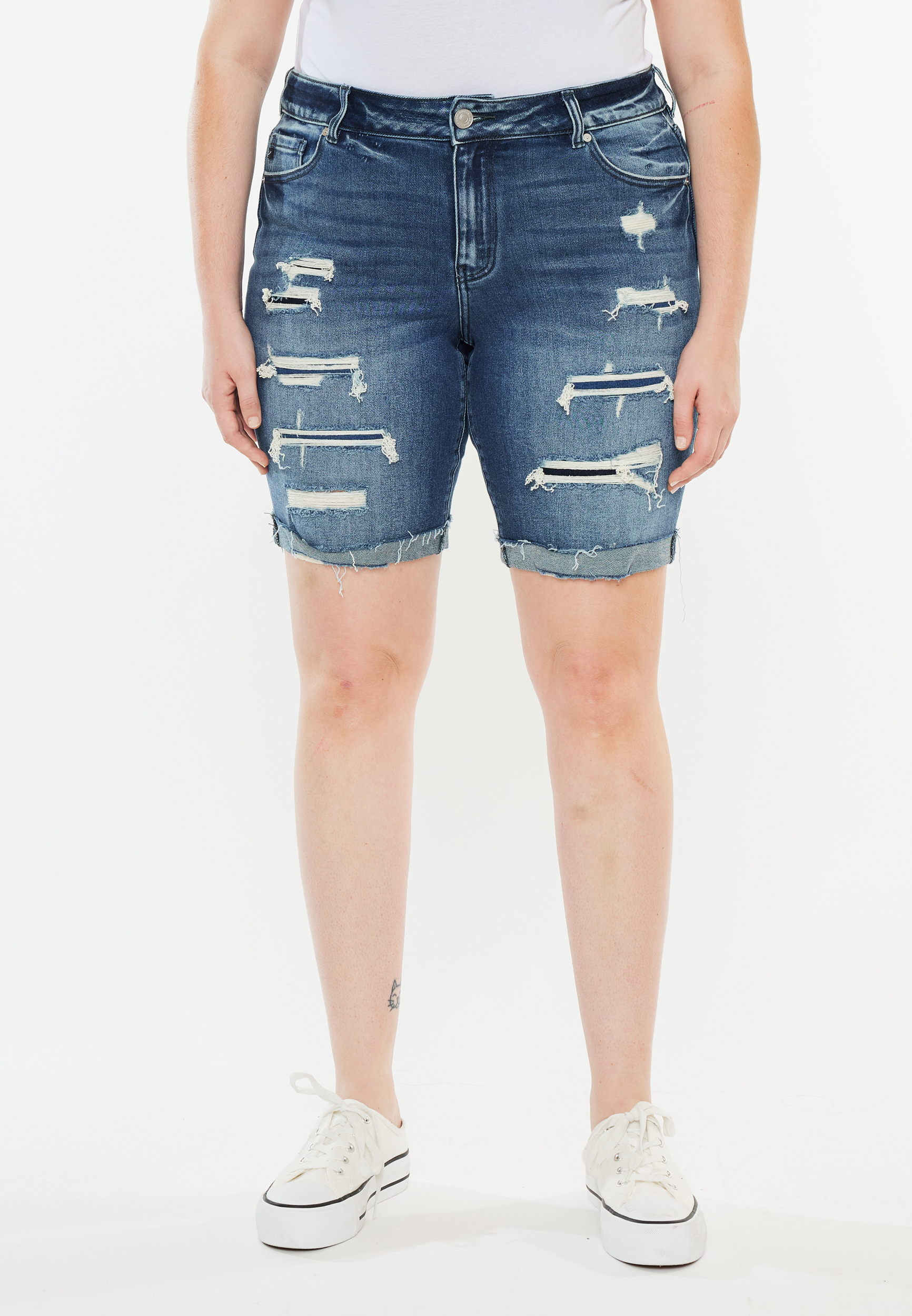 Plus Size KanCan&trade; High Rise Ripped Cuff Hem 10in Bermuda Short, DARK SANDBLAST, large