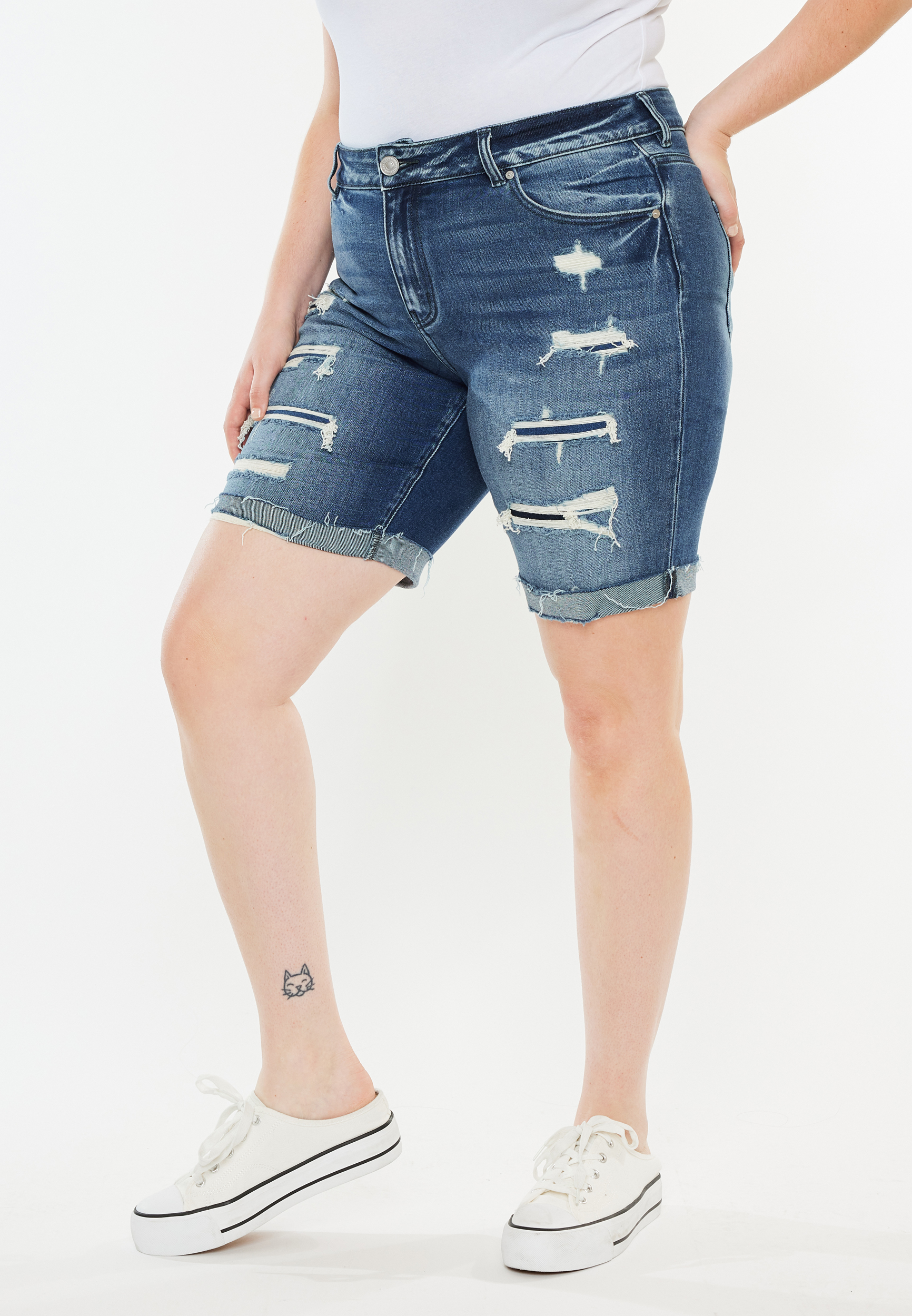 Plus Size KanCan&trade; High Rise Ripped Cuff Hem 10in Bermuda Short, DARK SANDBLAST, large