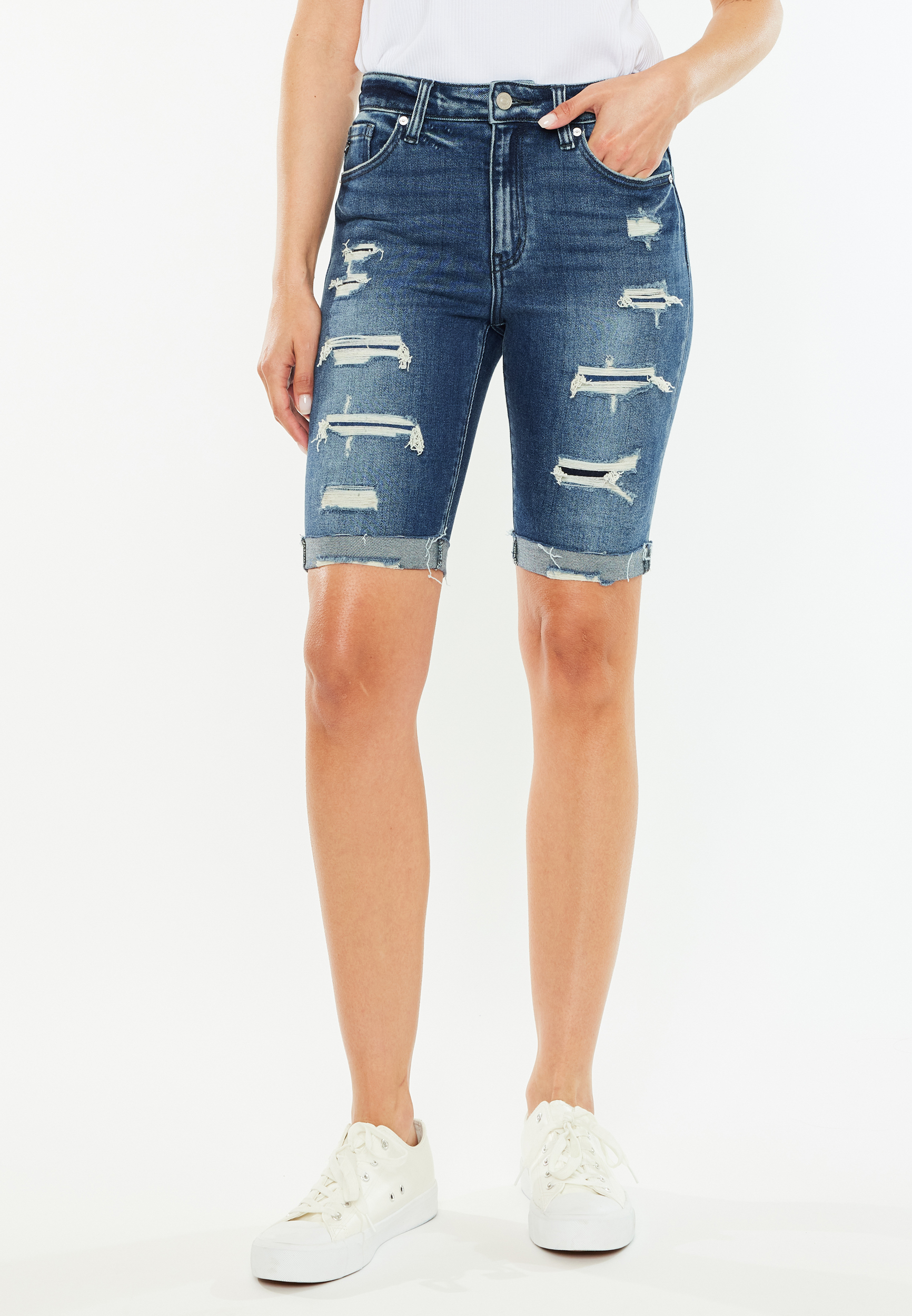 KanCan™ High Rise Dark Wash Ripped Cuff Hem 10in Bermuda Jean Short