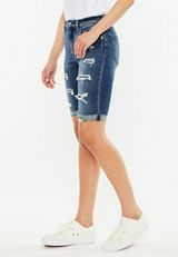 KanCan&trade; High Rise Dark Wash Ripped Cuff Hem 10in Bermuda Jean Short, C258, small