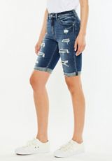 KanCan&trade; High Rise Dark Wash Ripped Cuff Hem 10in Bermuda Jean Short, C258, small