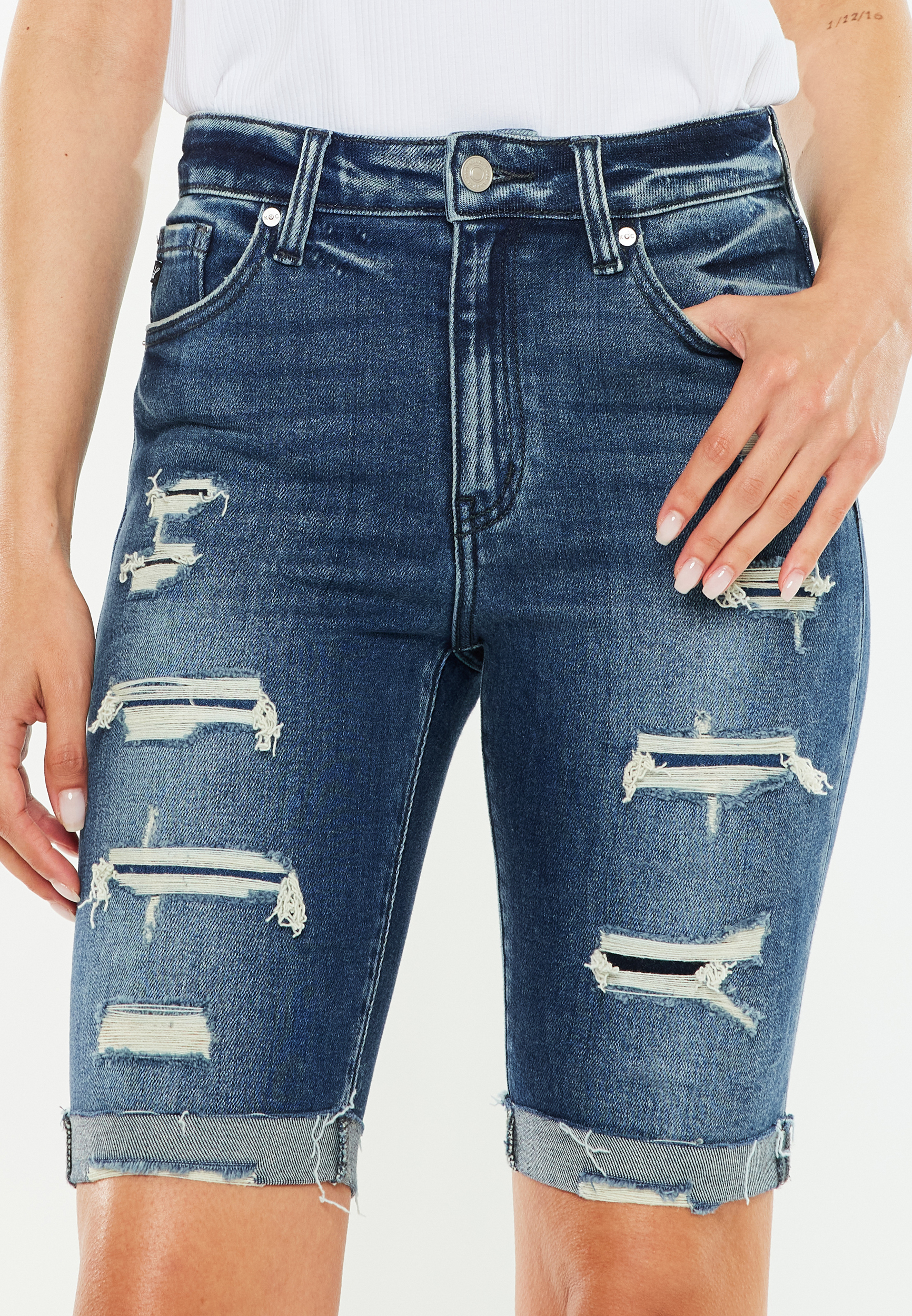 KanCan&trade; High Rise Dark Wash Ripped Cuff Hem 10in Bermuda Jean Short, C258, large