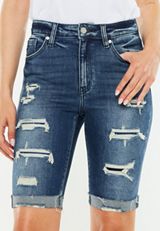 KanCan&trade; High Rise Dark Wash Ripped Cuff Hem 10in Bermuda Jean Short, C258, small