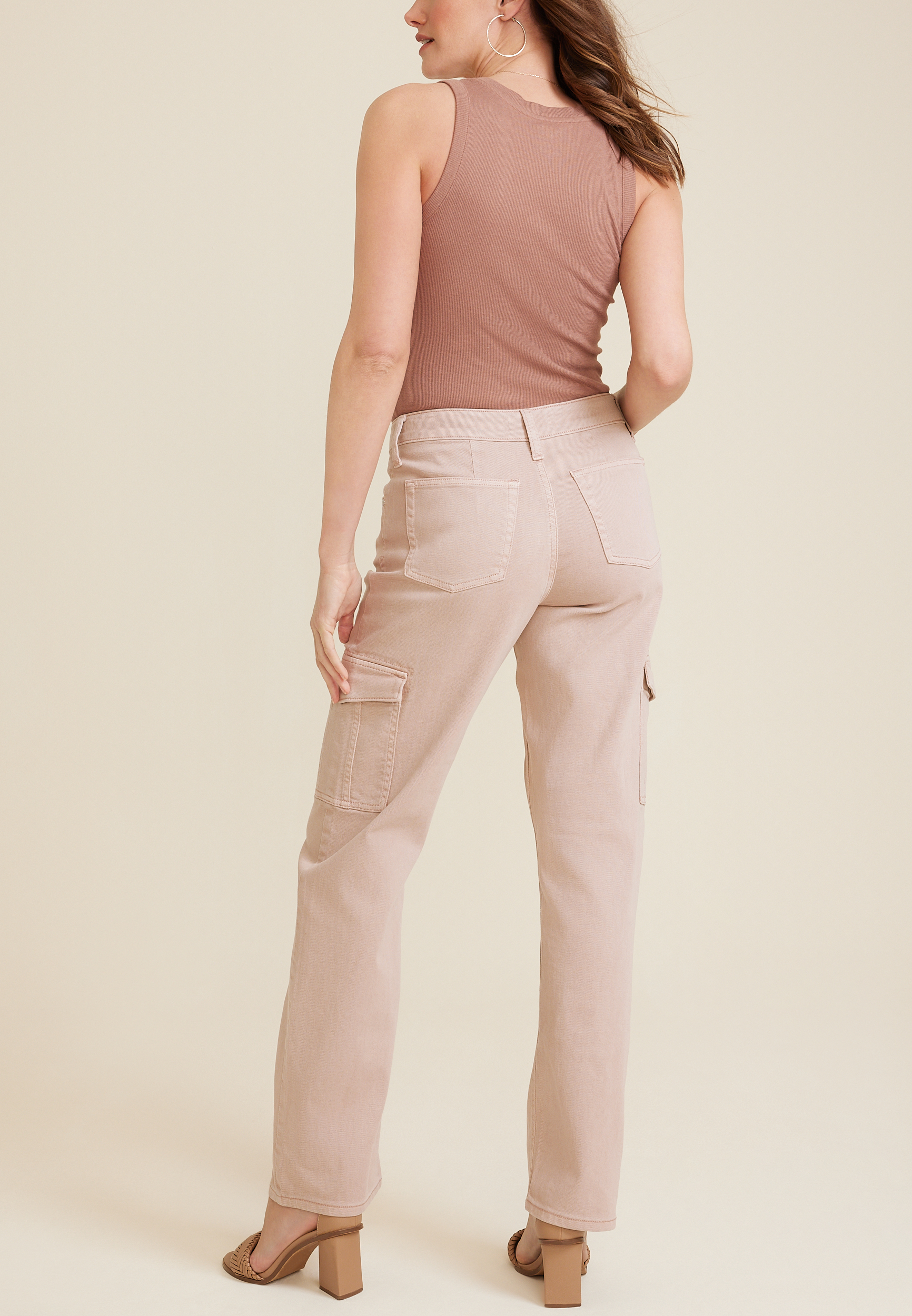 edgely&trade; Pink Mid Rise Relaxed Boyfriend Straight Cargo Jean, C595, large