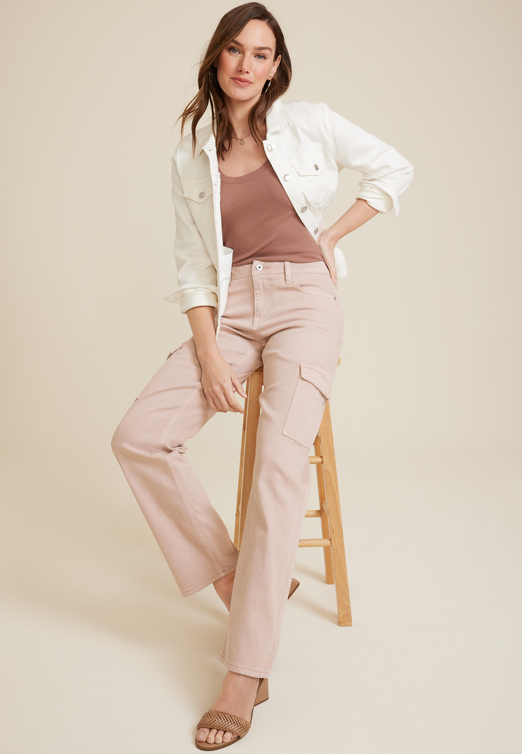 edgely&trade; Pink Mid Rise Relaxed Boyfriend Straight Cargo Jean, C595, large