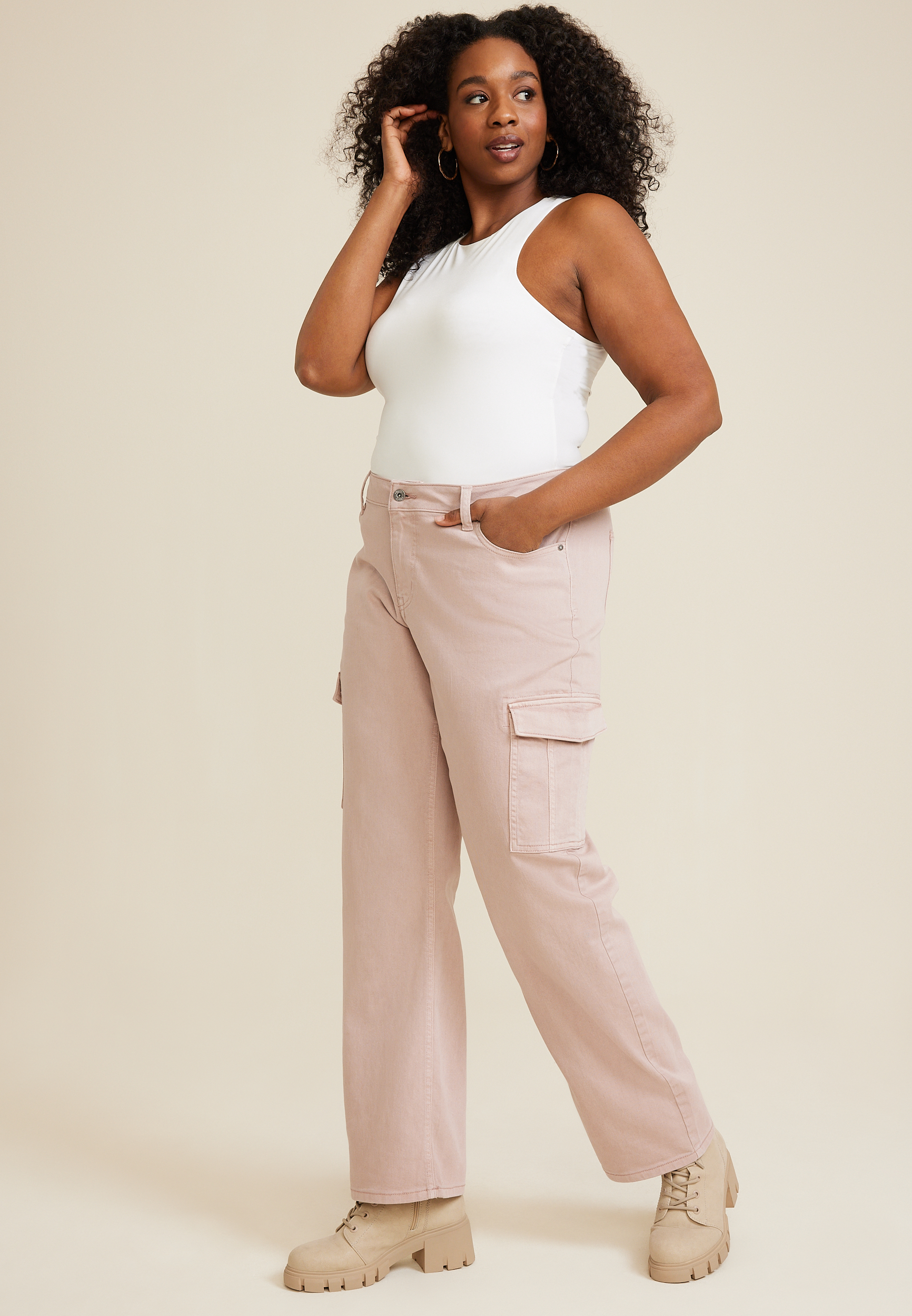 Plus Size edgely&trade; Pink Mid Rise Relaxed Boyfriend Straight Cargo Jean, PINK, large