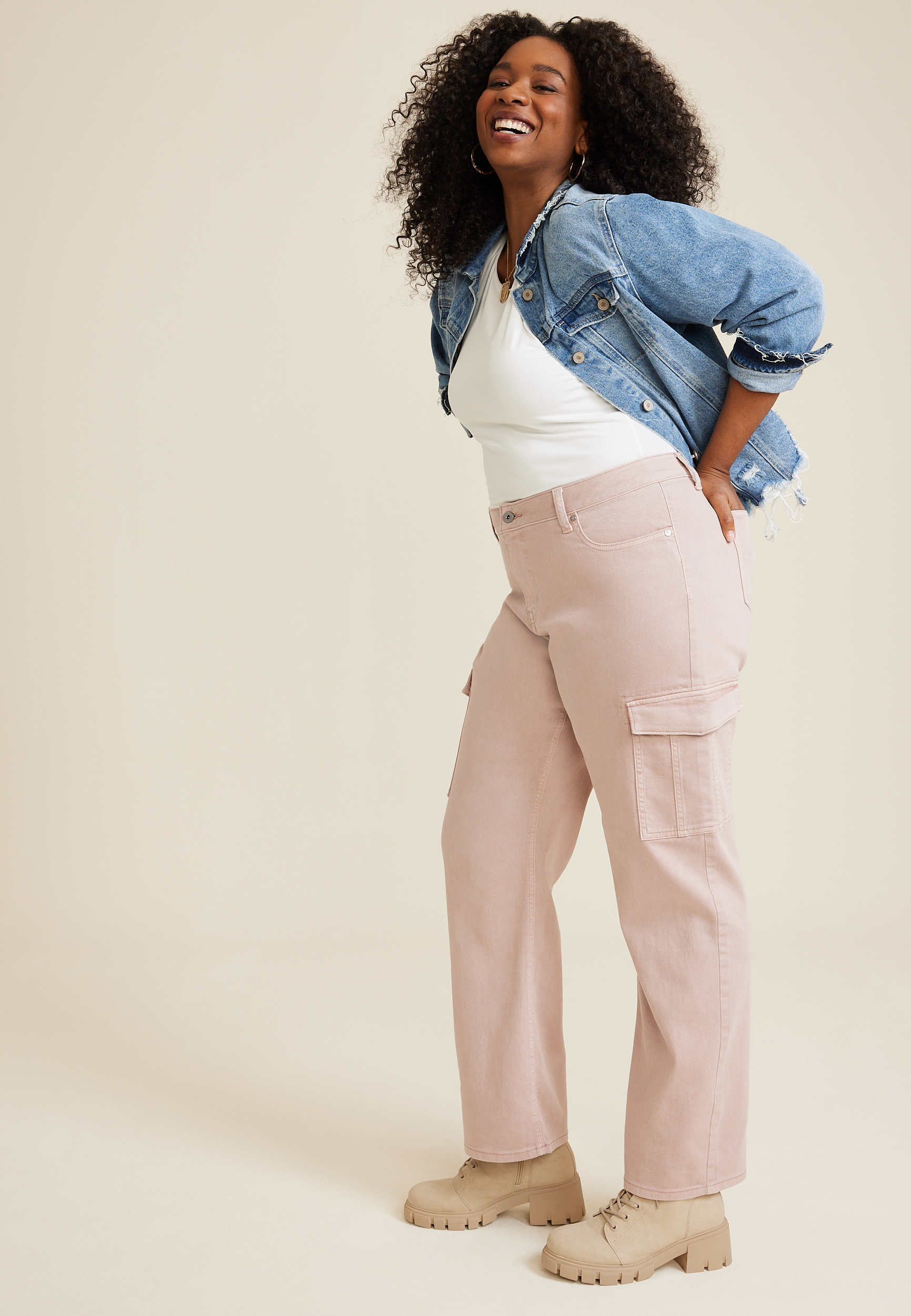 Plus Size edgely&trade; Pink Mid Rise Relaxed Boyfriend Straight Cargo Jean, PINK, large