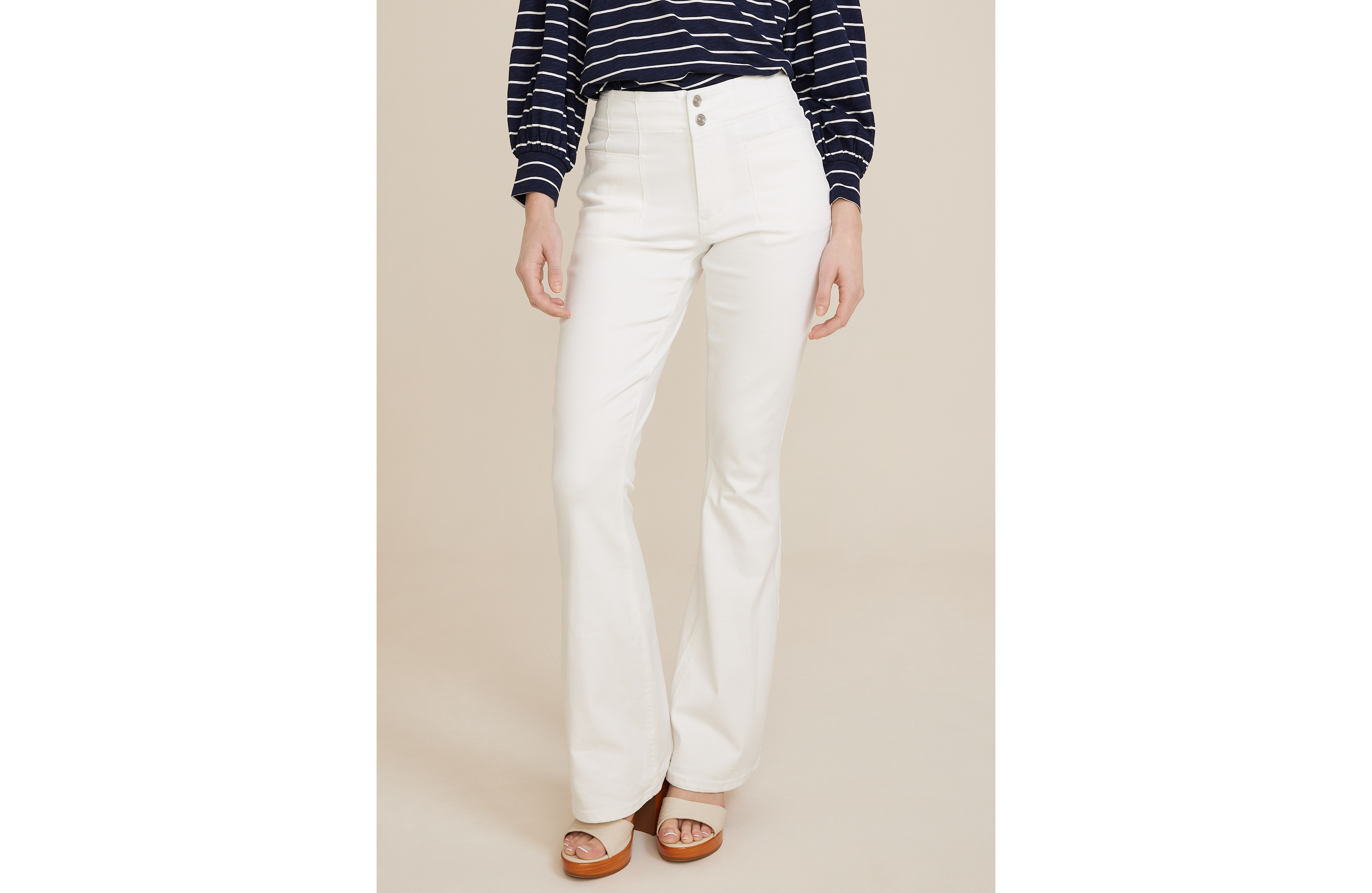 m jeans by maurices™ White Curvy High Rise Double Button Sculptress Flare Jean
